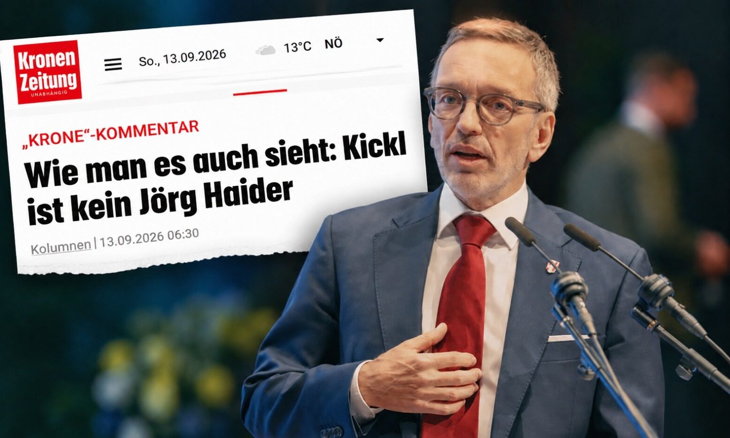Herbert Kickl und Krone-Schlagzeile — Alois Endl / Screenshot Krone.at