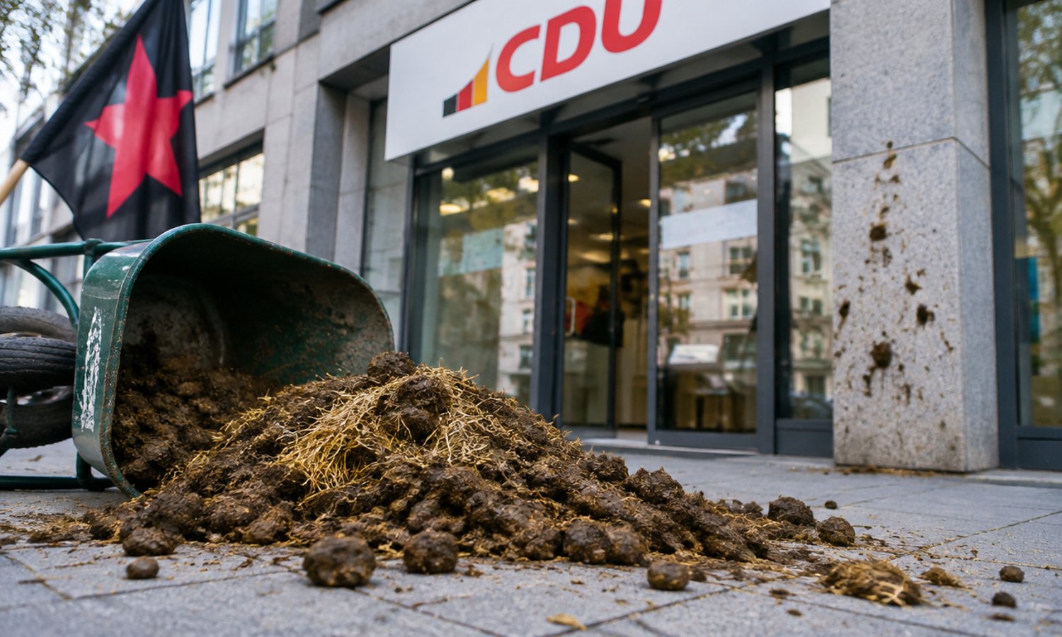 Linksradikale verteilen Pferdemist vor CDU-Büros — KI-generiert / Unzensuriert