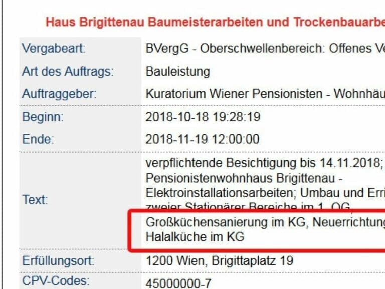 “Selbstverständlich” wird Halal-Küche in Wiener Seniorenheim gebaut — Bild: Screenshot von der Ausschreibung