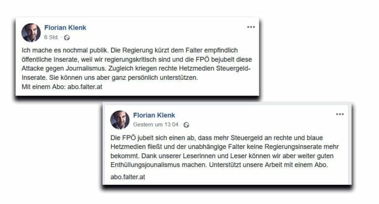 “Empfindlich Inserate gekürzt”: Falter-Klenk zuckt weiter aus und sucht Spender — Bild: Screenshots Facebook
