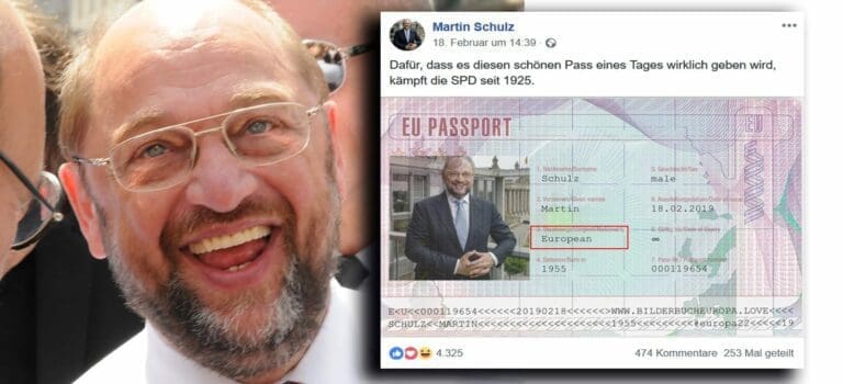 Martin Schulz wirbt für europäischen Pass ohne nationale Identität — Bild: Unzensuriert.at, Facebook Martin Schulz