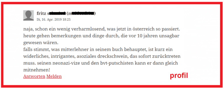Kurz für Profil-Leser "asoziales Dreckschwein" — Bild: Screenshot profil.at / Montage: unzensuriert