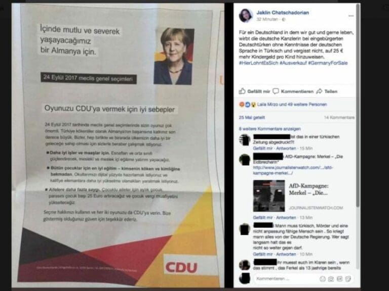 CDU-Wahlflyer werben auf türkisch und preisen Erhöhung des Kindergeldes an — Bild: Screenshot / Twitter @IQ_Stimulator