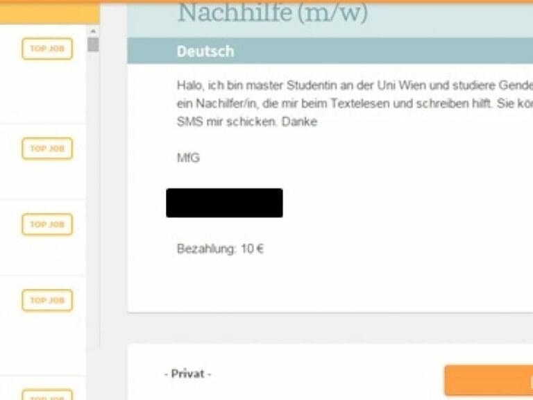 Kein Deutsch bis zum Master nötig? — Bild: Screenshot www.unijobs.at