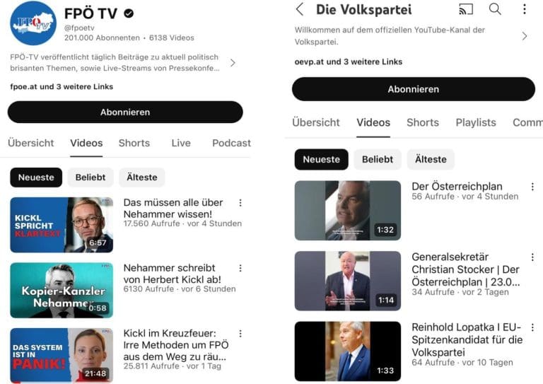 Youtube-Vergleich — Screenshot / FPÖ TV, Die Volkspartei
