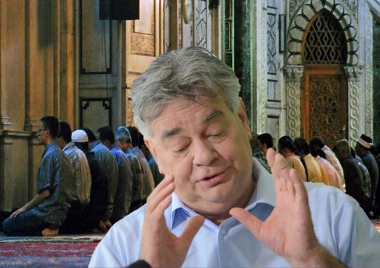 Werner Kogler und Moschee — Dr. Ondřej Havelka (cestovatel) / Wikimedia CC BY-SA 4.0 Deed / unzensuriert