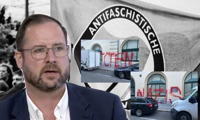 Christian Hafenecker und Antifa, Beschmierung — Screenshot / YouTube / FPÖ-TV