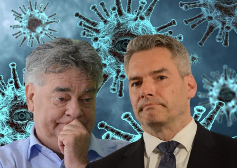 Werner Kogler, Karl Nehammer, Virus-Bild — Syaibatulhamdi / pixabay.com / unzensuriert